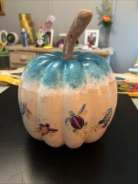 Decorative Teal and Cream Beach Theme Turtle Pumpkin - Home Accent